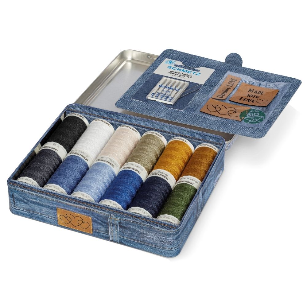 Gütermann Denim-Box mit Jeans-Nähnadeln und Kunstleder-Labels