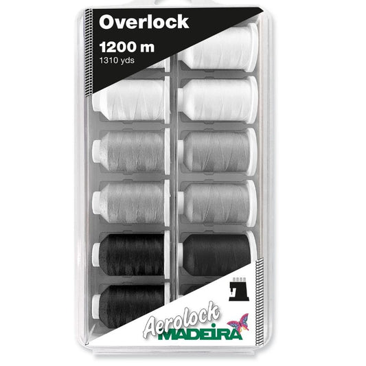 Madeira Aerolock No. 125 Miniking Box Overlockgarn in Schwarz, Weiß & Grau